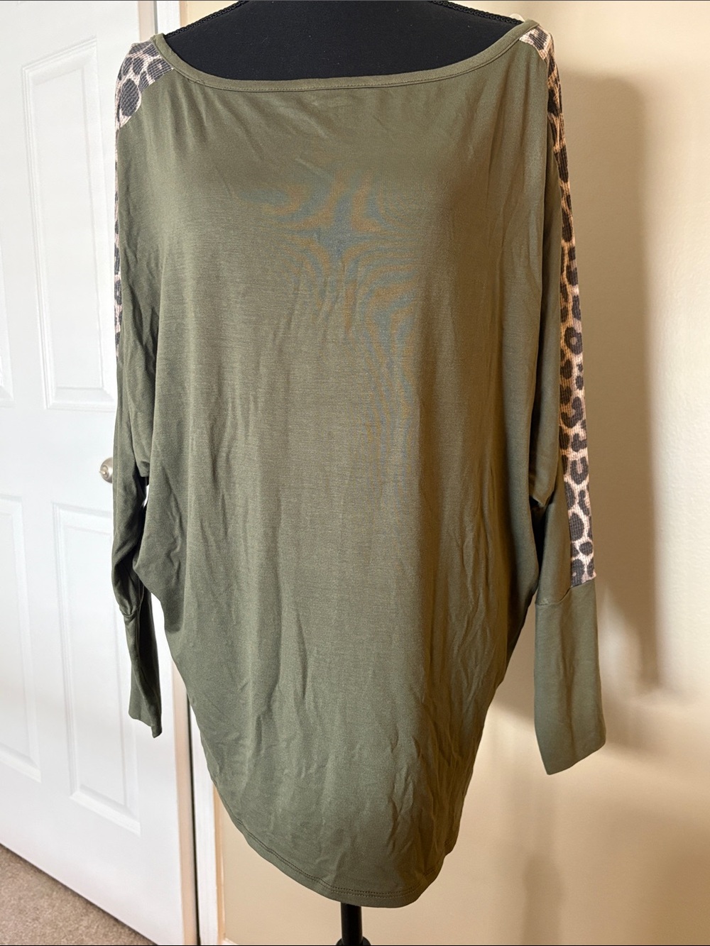 7th Ray Olive Green Long Sleeve Top with Leopard Sleeve Detail